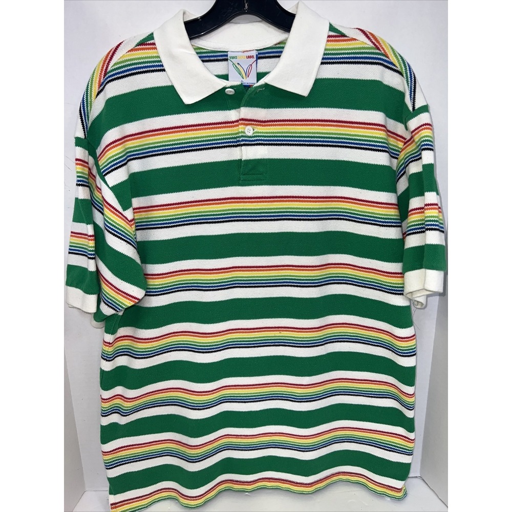 Vibes Gold Label Polo Men's Large Rainbow Short Sleeve Multi Color